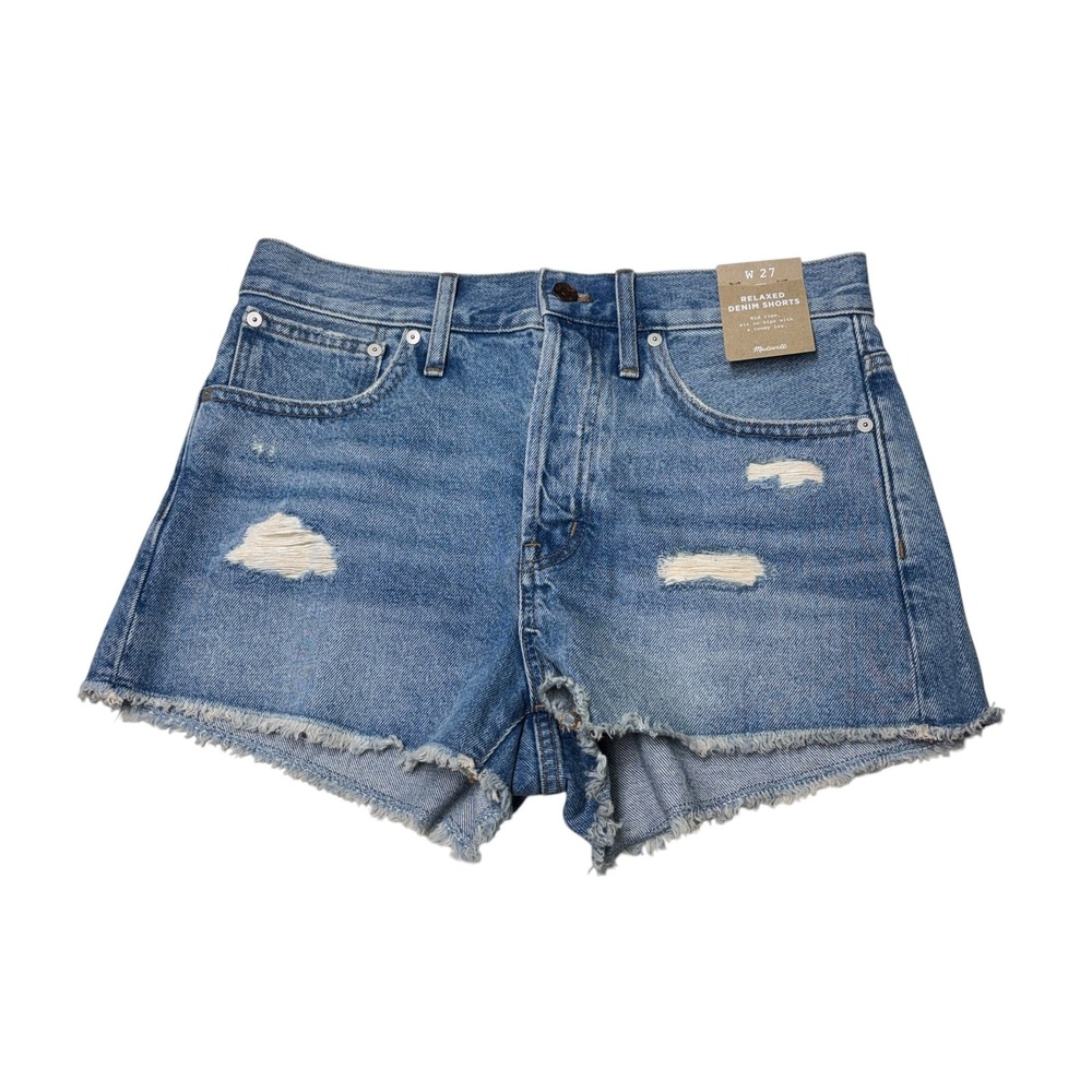 NWT Madewell Relaxed Denim Shorts Blue Distressed Raw Hem AJ241 Womens Size 27X3